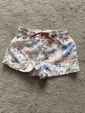 Zara White Tropical Print Kids Swim Trunks with Rust Drawstring